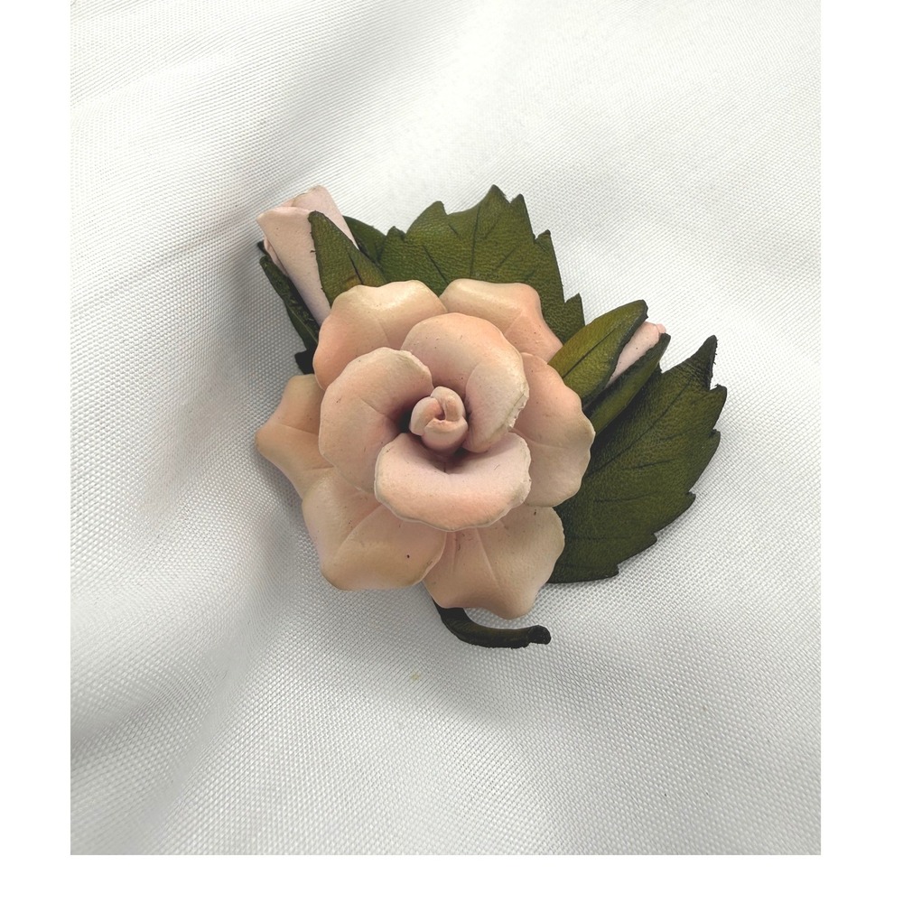 Vintage Pink Leather Rose Flower Brooch Pin Handmade in‎ Canada Floral Accessory